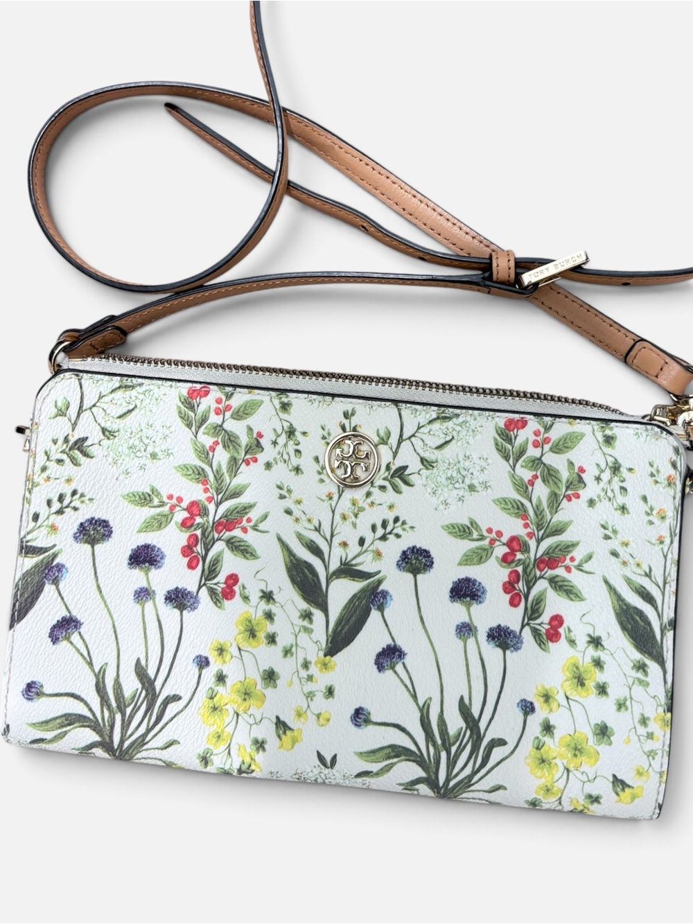 Tory Burch Perry Bombe Ditsy Borders Floral Double Zip Crossbody Bag